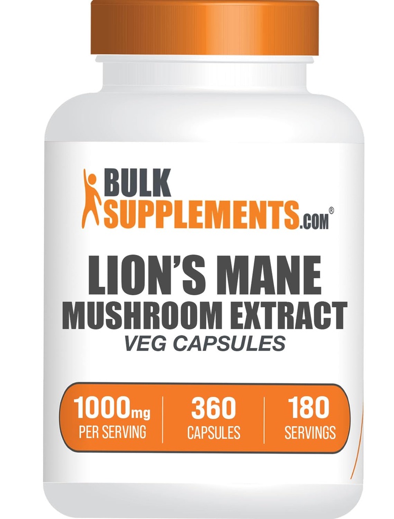 BulkSupplements.com Lion's Mane Mushroom Extract Capsules - Mushroom Supplement, Hersensupplement voor Geheugen en Focus Ondersteuning - Vegan, 2 Capsules per Serving (1000mg), 360 Capsules (Pack of 1)