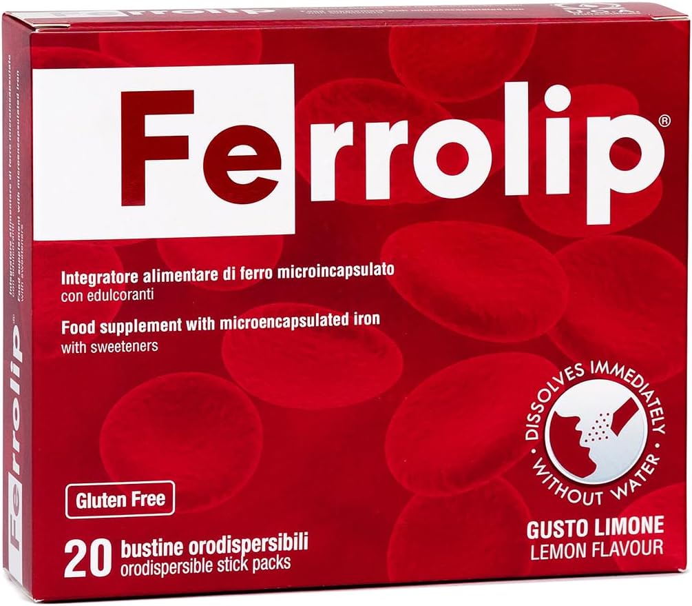 Ferrolip Iron Supplement voor vrouwen, mannen en kinderen (20 Citroen Flavored Oplosbare Sachets) - Gastro-intestinale Comfort en Geen Metallic Smaak - Veganistisch en Glutenvrij