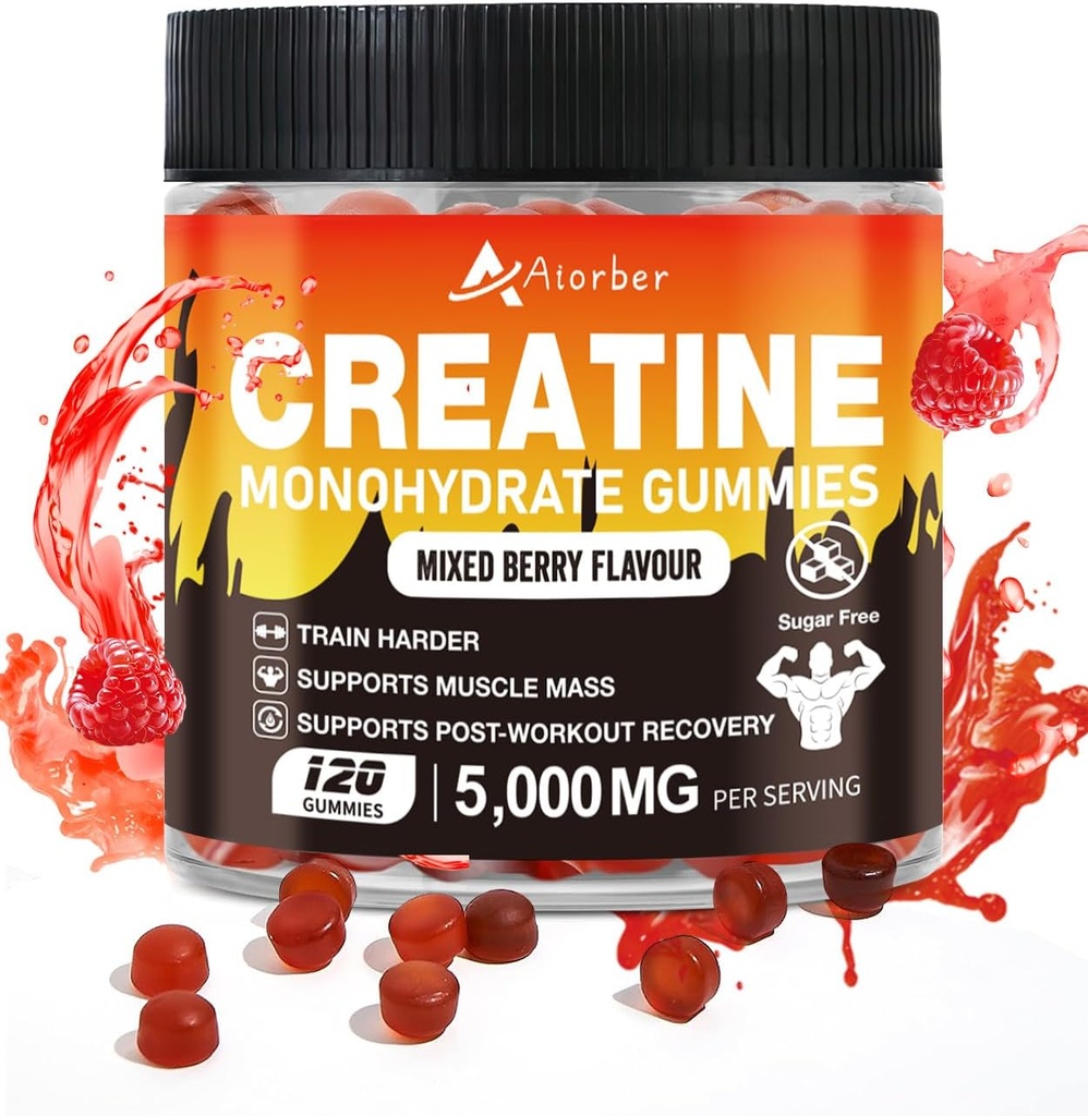 Gommies monohydratées de créatine pour hommes et femmes - 5g Monohydrate de créatine par service, soutient l'entraînement, Zéro sucre, 120 Gommies de supplément végétalien