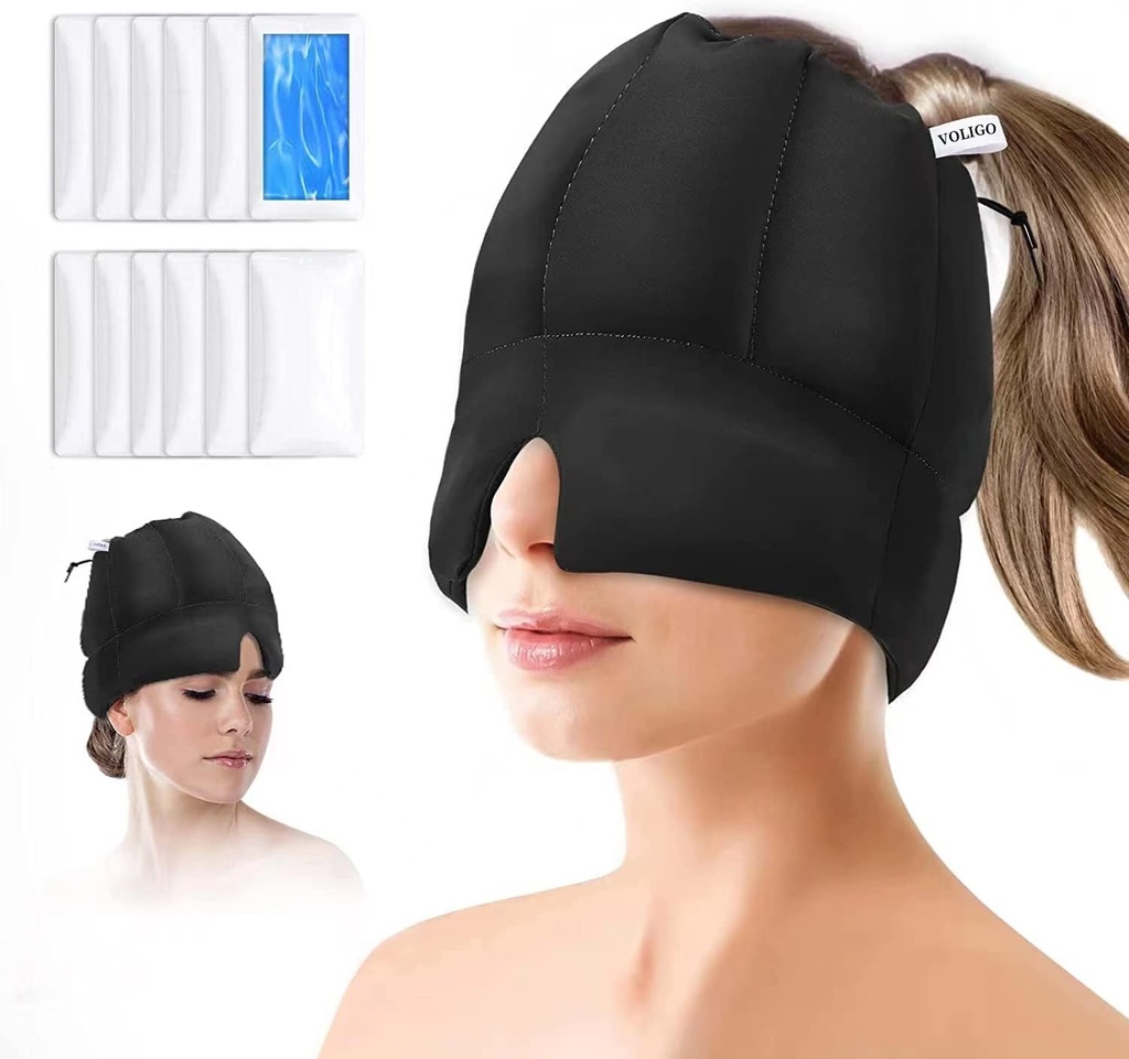 Migraine Ice Head Pack - Hoofdpijn Relief Cap met Cold Compress, Koelende Gel Cap voor Sinus Relief, Gezichtskoude Compress Head Cover voor spanning, stress en Hangover Relief(zwart)