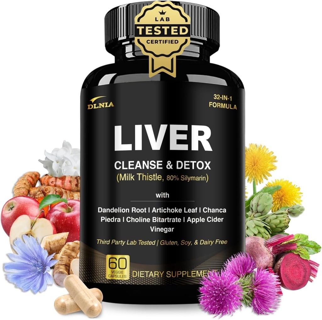 32 in 1 Lever Reinigen Detox & Reparatie Formule met Apple Cider Vinegar, Milk Thistle Supplement, Artichoke, Dandelion Root Supplement - Niet GMO & Vegan Herbal Lever Ondersteuning & Reparatie