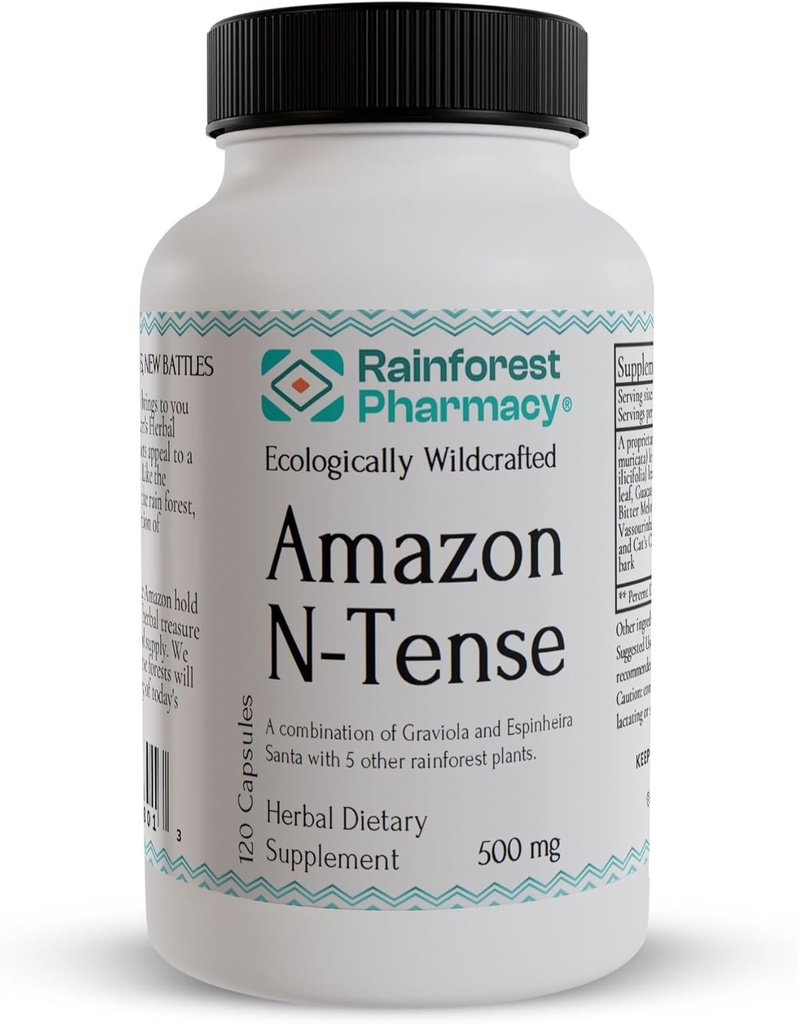 Rainforest Pharmacie N-Tense Soursop Graviola Capsules 500mg=" Wildcrafted Graviola Plus 7 Rainforest Herbes pour soutenir la santé cellulaire normale" 120 Capsules végétariennes