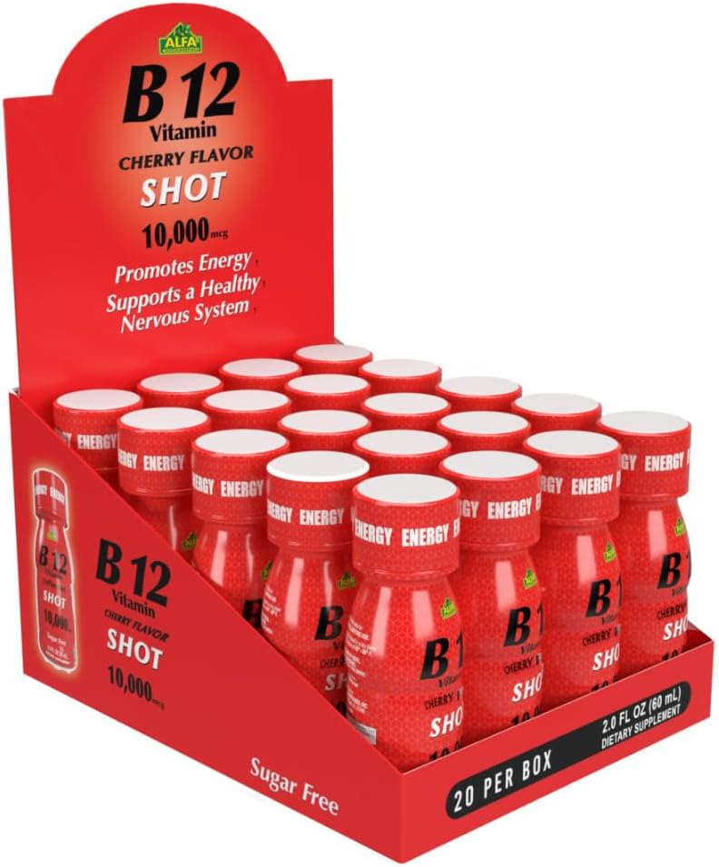 ALFA VITAMINS B12 Vitamine Shot met 10000 MCG Hoogste Potentie - Suikervrij, Cafeïnevrij - Energie Shot (2.0 FL OZ fles) 20 Pack