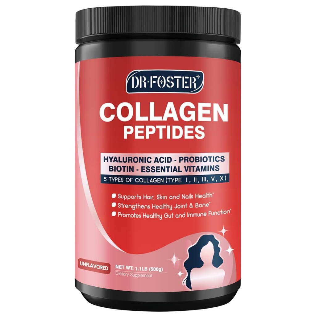 DRFOSTER Multi-Collagen-Peptide-Powder met Probiotica, 50 porties van Gehydrolyseerde Collageen Peptiden met Hyaluronzuur, Biotine & Multivitaminen - Ondersteunt huid, haar, Nagels Gezondheid