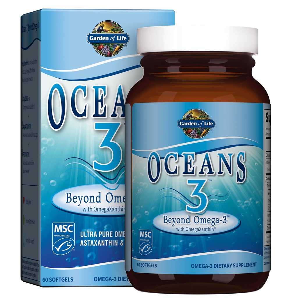 Garden of Life Oceans 3 Beyond Omega-3 avec OmegaXanthin, EPA, Suppléments DHA, Huile de poisson avec 1200 mg Omega 3, Astaxanthin et extrait d'algues brunes - 60 Softgels