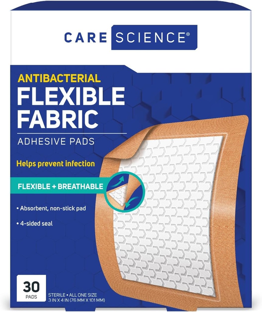 Care Science Fabric Lijmkussen Bandages, 3x4 inch Extra Large Flexible Non-Stick Strip, helpt bij het voorkomen van infectie, ademende bescherming, voor EHBO & Wound Care, 30 Tellen