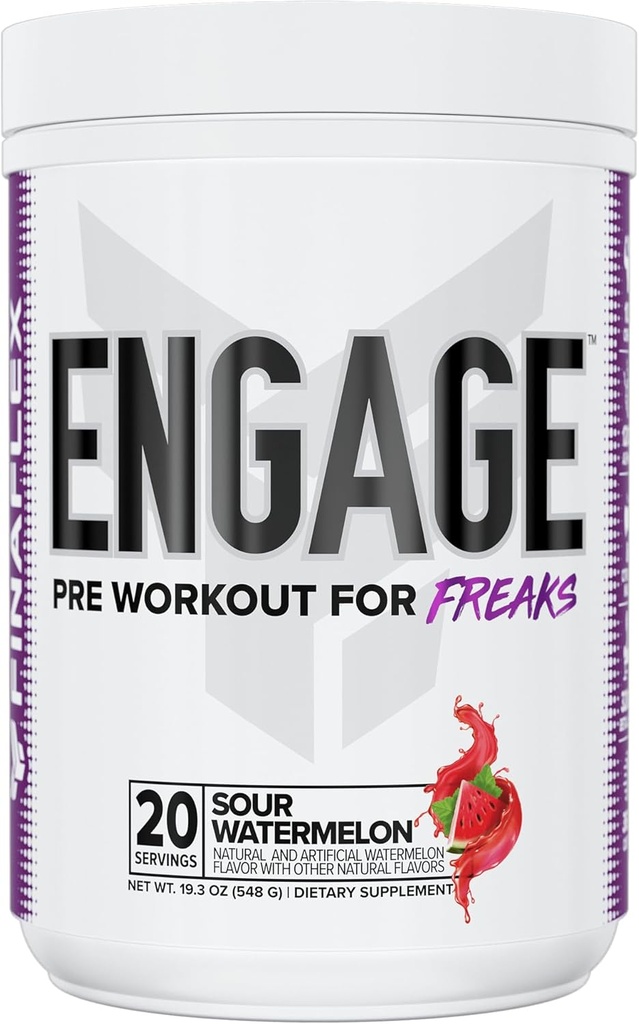 FINAFLEX Engage Pre Workout, Sour Watermeloen - Train Harder, Langer & Sterker - Inclusief Creatine, Beta-Alanine, Alpha GPC, Citrulline & Cafeïne - 20 Servers