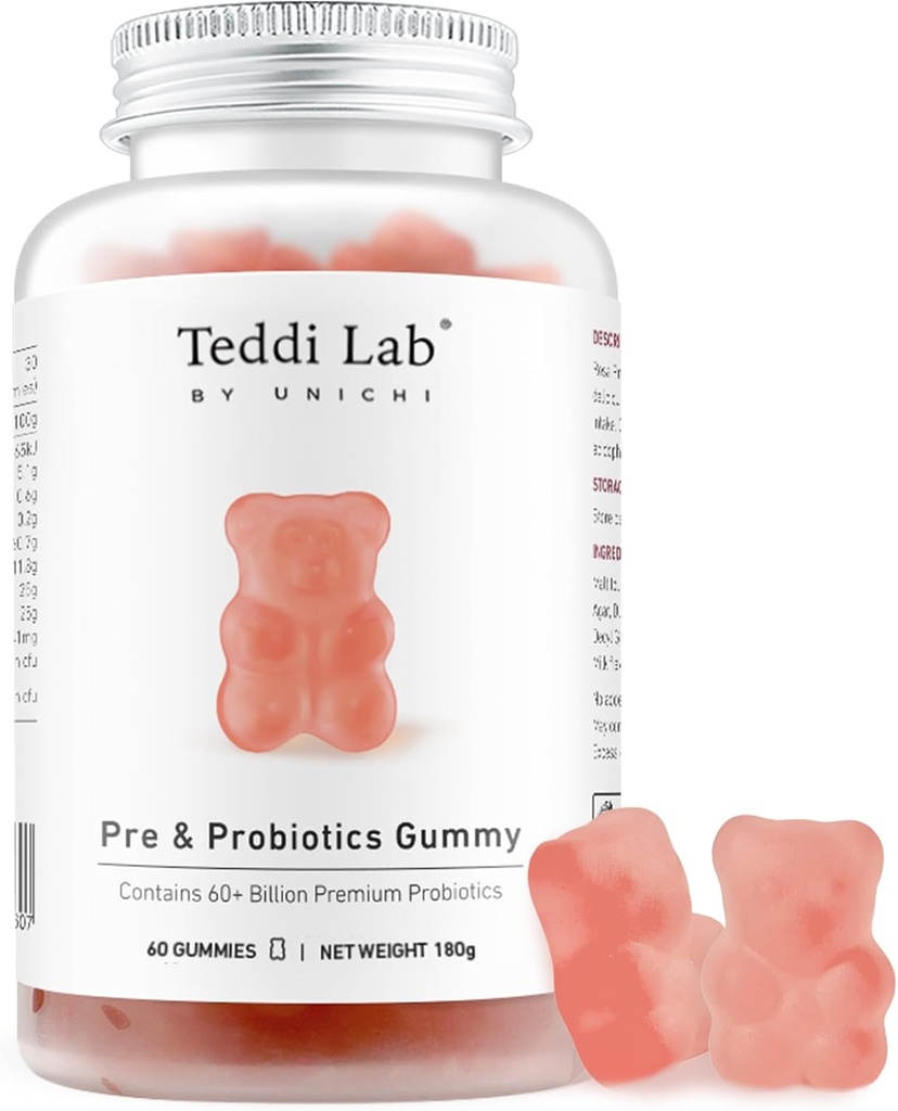 Unichi Pre & Probiotics Gummy, 60+ Billion Probiotics Combined with Prebiotic for Digestive Wellness and Inner Balance, Non-GMO, Yogurt Flavour, 60 Count