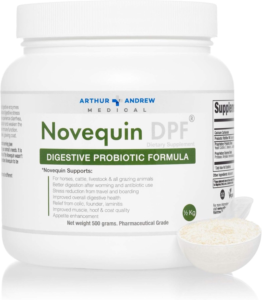 Arthur Andrew Medical, Novequin DPF, Digestieve Probiotische Formule voor Grote Dieren, Prebiotica, Probiotica en Enzymen, Non-GMO, 500 Gram