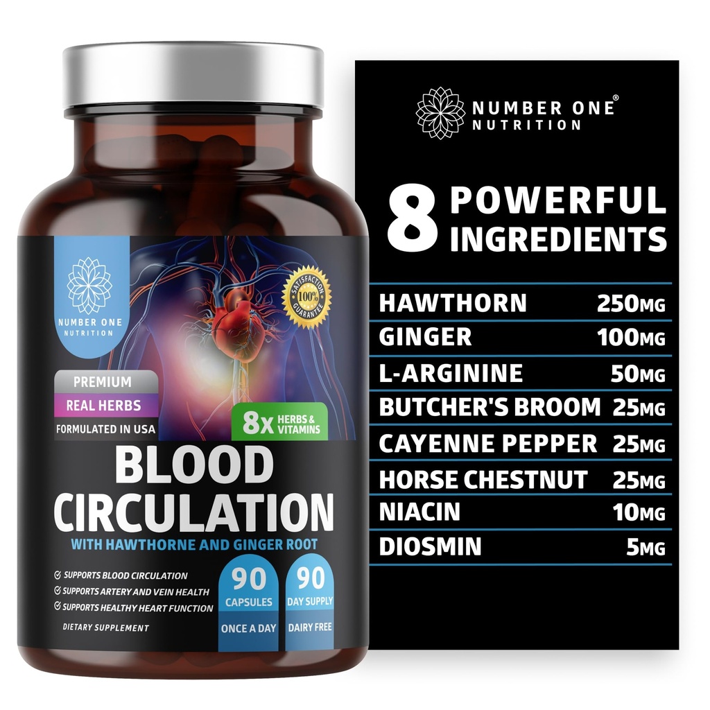 Supplément de circulation de sang premium pour les femmes et les hommes [8 herbes et vitamines puissantes] All Natural Blood Flow Complement with Hawthorn, Butchers Broom and Cayenne Pepper, 90 capsules