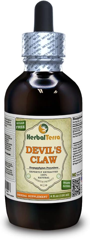 Griffe du diable (Harpagophytum Procumbens) Teinture, extrait liquide de racine séchée biologique (marque : HerbalTerra, fièrement fabriqué aux États-Unis) 4 fl.oz (120 ml)