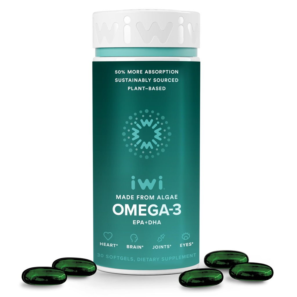 Iwi Omega-3, 30 Softgels (30 porties), Vegan Plant Based Algen Omega 3 met EPA + DHA, Whole-Body Support Dieetsupplement, Krill & Fish Oil Alternative, No Fishy Aftersmaak