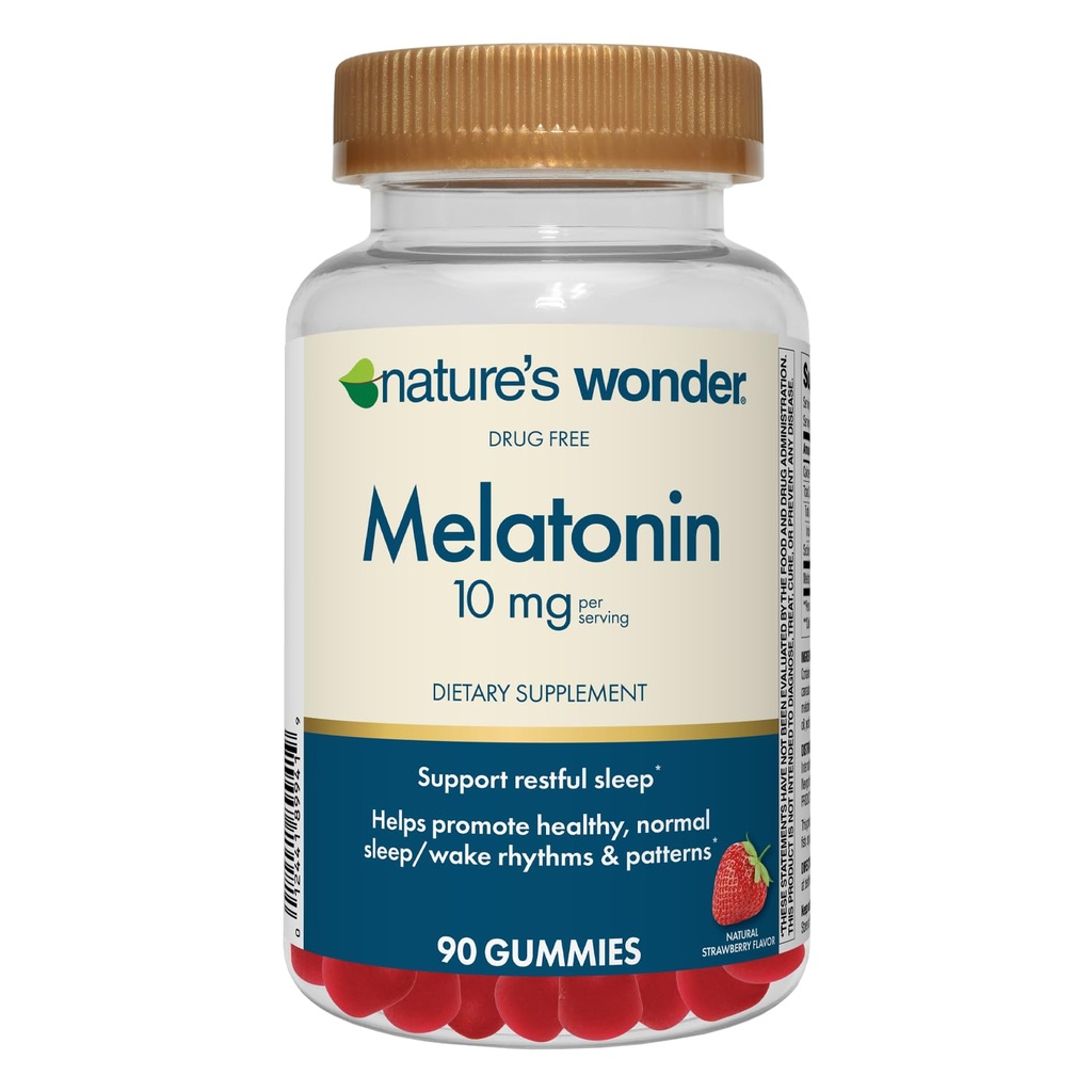 Nature's Wonder Drug-Free Melatonine 10 mg Gummies voor volwassen slaap gezondheid, 100% Drug Gratis slaaphulp, bevorderen gezonde slaap en Wake Rhythm en patronen, 45 dagen levering, 90 Tellen