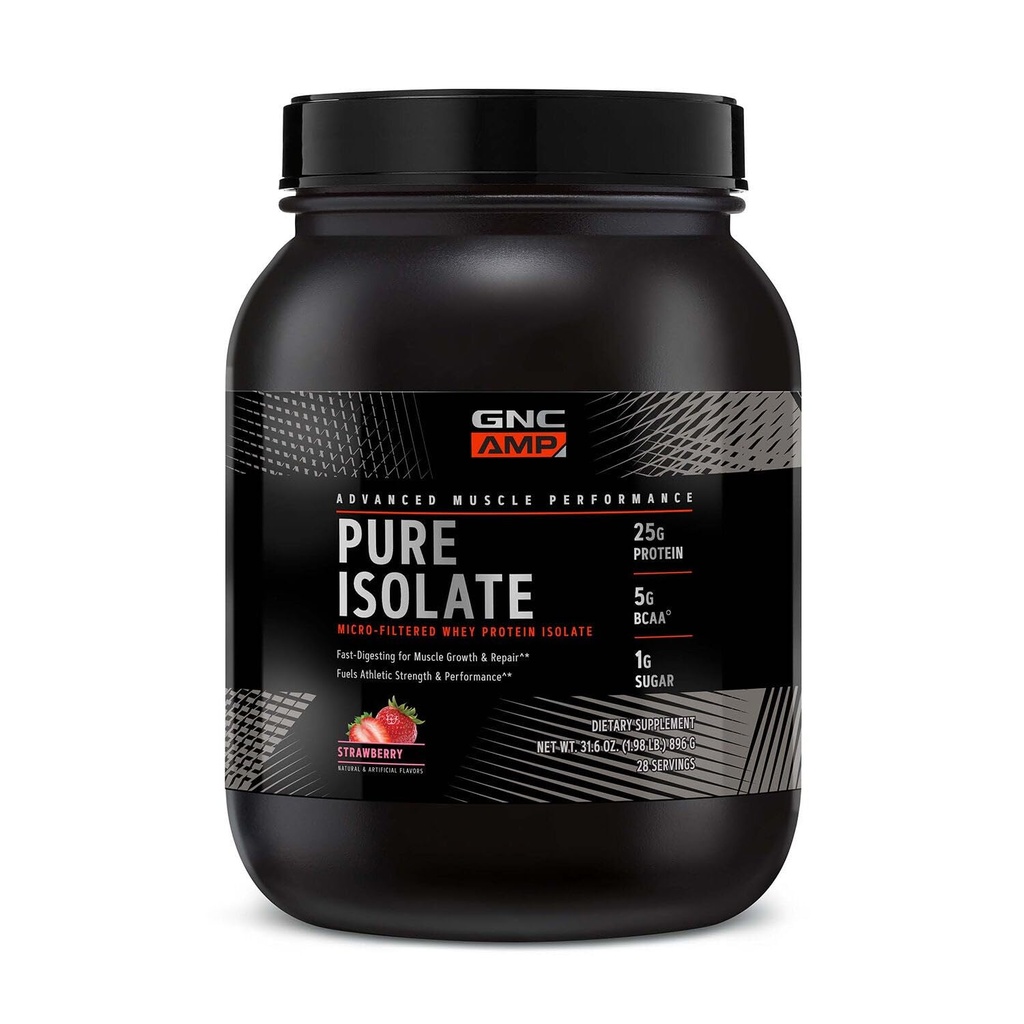 GNC AMP Pure Isolaat Wei Proteïne Poeder, Spiergroei, Herstel, Prestaties, 25g Proteïne, 5g BCAA, 1g Suiker, 130 Calorieën of minder, 3rd Party Getest, Glutenvrij, Aardbei, 28 SVG