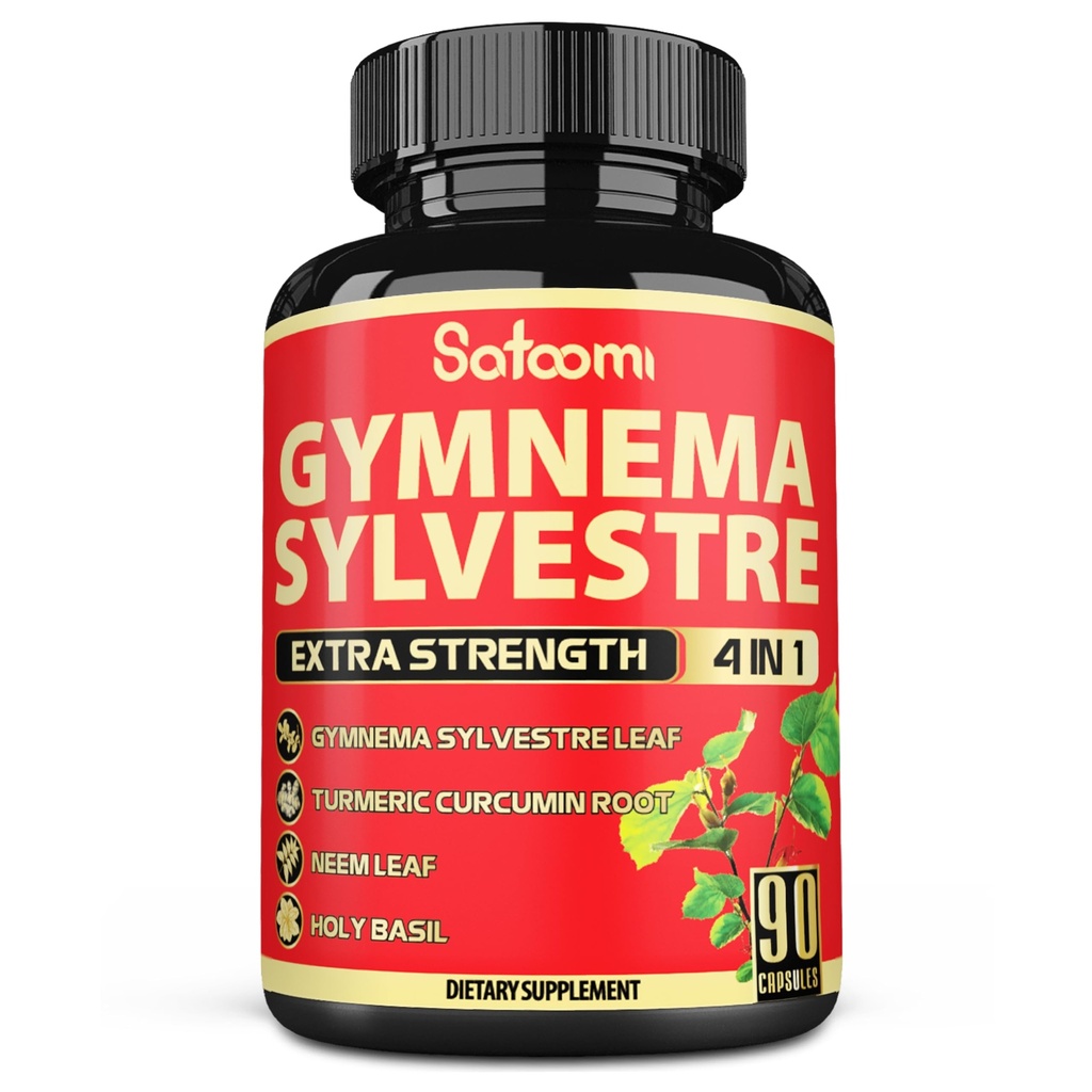 Satoomi Pure Gymnema Sylvestre Capsules Extract - 90 Capsules for 3-maand - gecombineerd met Neem Leaf, Holy Basil & Turmeric Curcumin Root