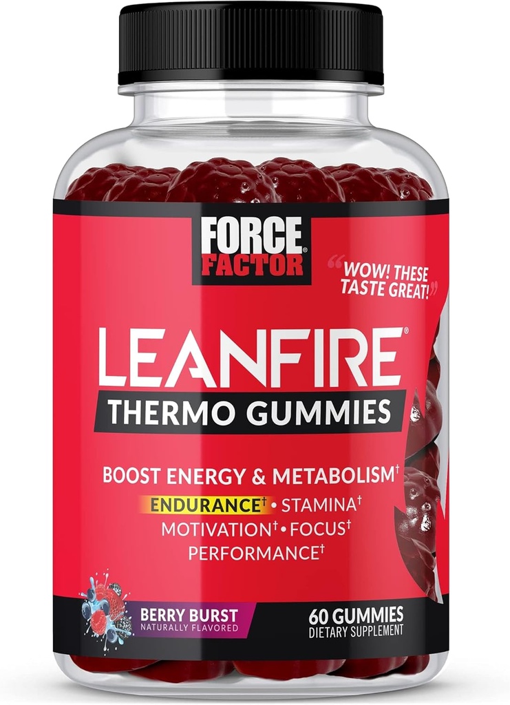 Force Factor LeanFire Thermo Gummies met B12 vitamines, Cafeïne, & Green Coffee Bean, Boost Energy, Metabolisme, endurance, uithoudingsvermogen, Motivatie, Focus, & Performance, Pre workout Gummies, 60 Gummies