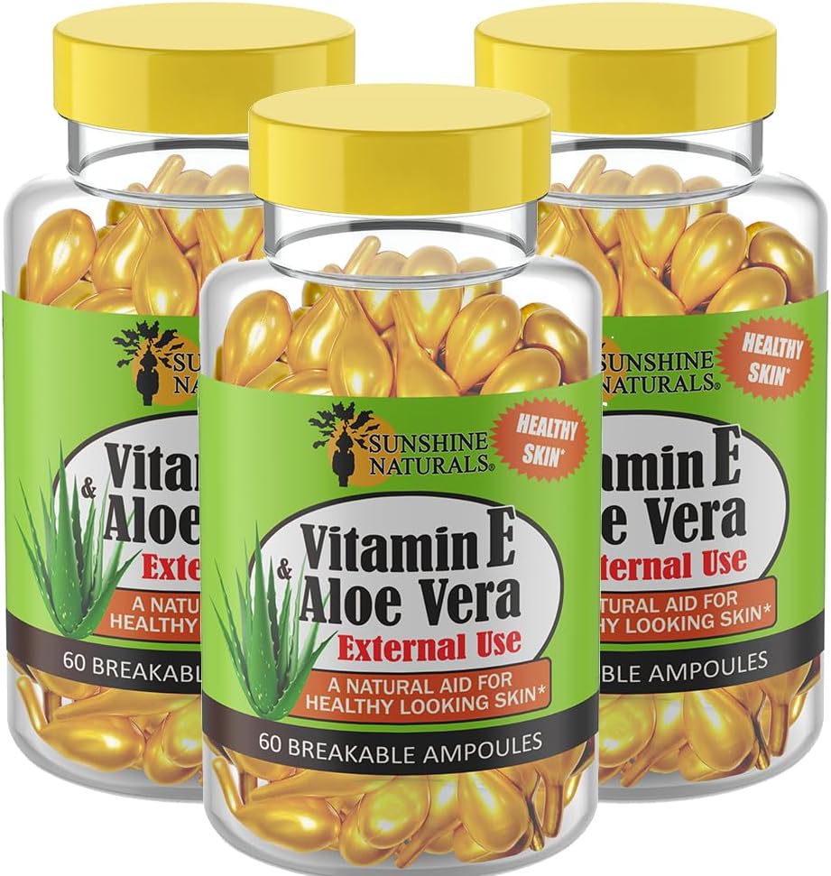 Sunshine Naturals Vitamine E en Aloë Vera Moisturizer. Hydrating Formula for Dry Skin, Soothing Relief, Nurishment, and Skin Elasticity. Promoot zachte en gezonde huid. 60 flacons. Verpakking van 3