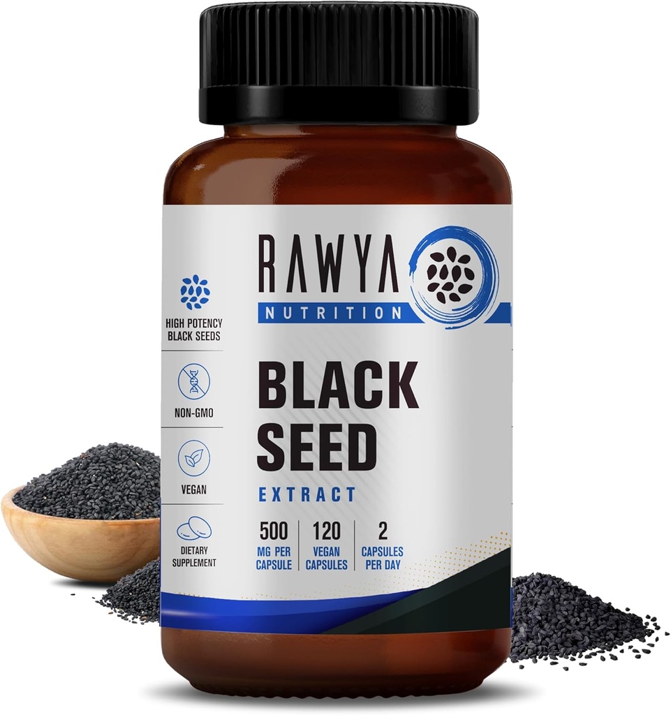 RAWYA Nutrition Black Seed Extract, Nigella Sativa, Black Cumin Seed Powder, 500 mg Elke, bevordert Wellness, Flexibiliteit en Radiant Skin, Halal, Vegan, Pure & Natural Supplement - 120 Vegan Capsules