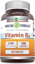 Formules étonnantes Vitamine B6 (Pyridoxine) Supplément de 25 Mg (comprimés) Non-OGM (sans gluten) Fabriqué aux États-Unis (1 paquet de 500 Nombre)