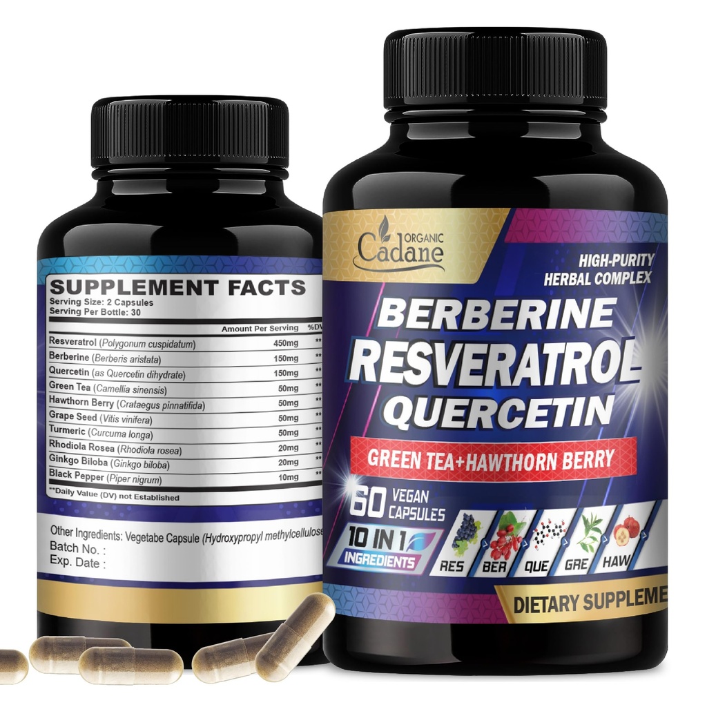 Cadane Resveratrol Supplement - 10in1 Plus met Quercetin, Berberine, Green Tea, Grape Seed, Hawthorn Berry, Turmeric, Rhodiola Rosea, Ginkgo Biloba, en Black Pepper - 60 Capsules