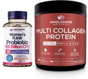 Probiotiques de bien-être sain pour les femmes 100 milliards d'UFC avec prébiotiques, enzymes digestives + poudre de protéines multicollagènes hydrolysée (type I II III V X)