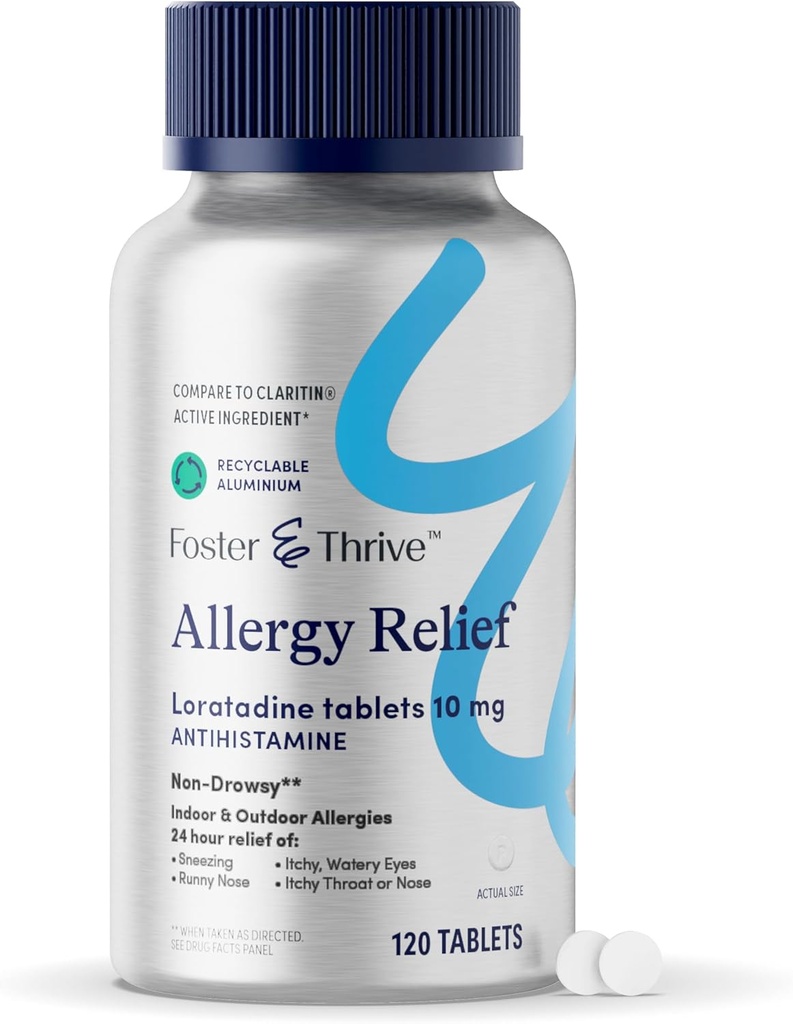 Foster & Thrive Loratadine 10mg anti-allergies non somnolentes pour la pression sinusale et les allergies saisonnières, l'antihistamine soulage les yeux démangeaisons, éternuements, enfants et adultes, 120 comprimés