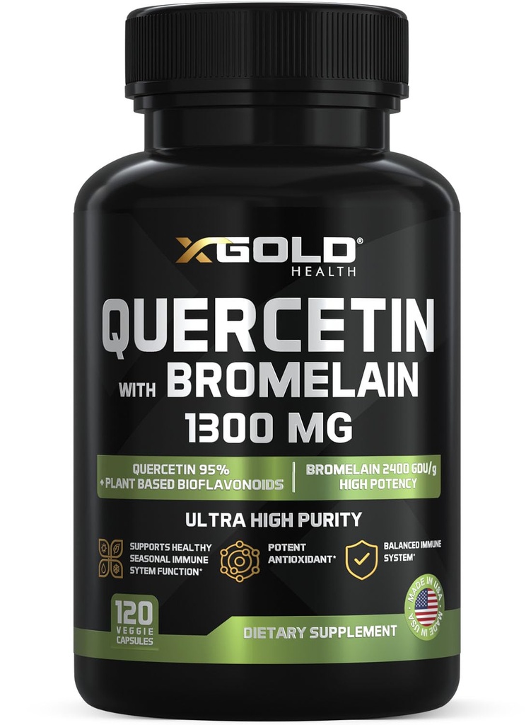 Quercetin + Bromelain 1.300mg – Quercetin: 95% - hautement purifié et hautement biodisponible Plus Bromelain 2.400 GDU/g - Fabriqué aux États-Unis