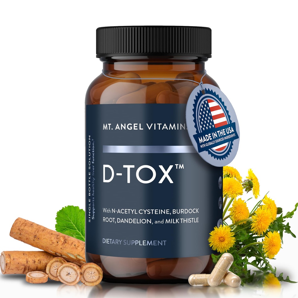 Mt. Angel Vitamines D-Tox - Nettoyant avancé du foie et supplément de réparation de détox, soutient la santé du foie gras et la réduction des enzymes avec le chardon de lait, NAC, et racine de dandelion - 60 capsules