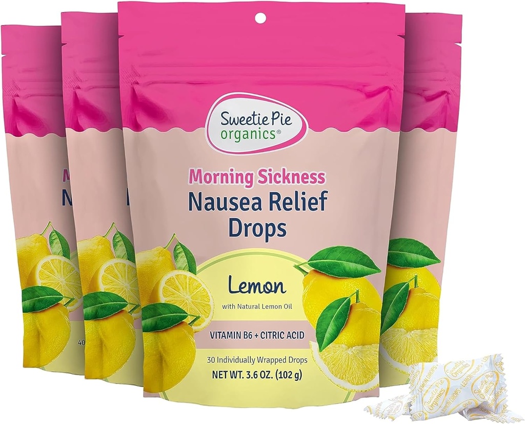 Sweetie Pie Organics Grossesse Nausées Relief Drops, Soothe First Trimester Morning Maladie, Lemon Flavor, 30 Compte, 4 Pack