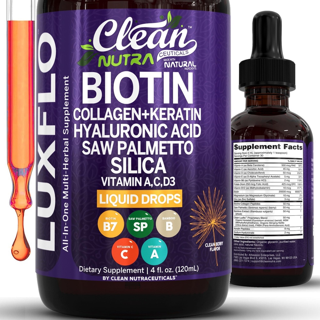 Liquid Biotin & Collagen Keratin Hyaluronique Acide Sciage Palmetto gouttes Vitamines pour la croissance des cheveux Soutien Silice Vitamine A C D Bamboo Turmeric Zinc Folate Magnésium Horsetail LuxFlo Par Clean Nutra