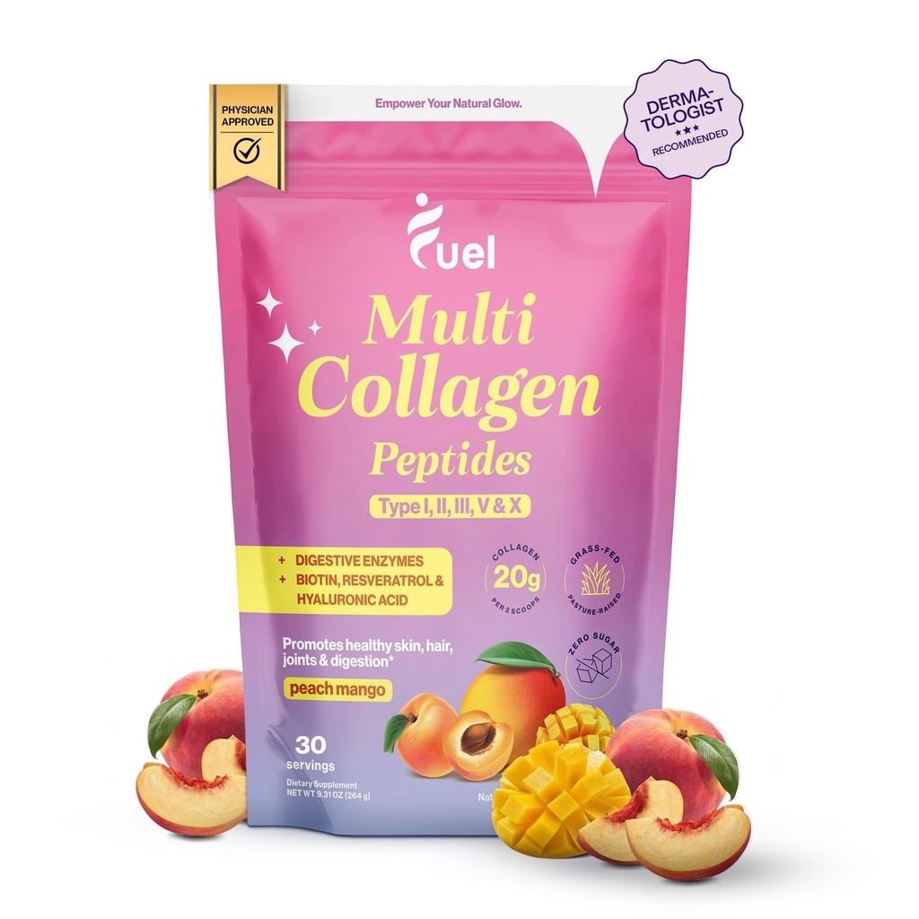 Carburant poudre de Peptides Multi Collagène – 20g de collagène hydrolysé I, II, III, V & X pour cheveux, peau, ongles et soutien articulaire – meilleure absorption – sans céto et sans gluten, mangue pêche, 9,31oz