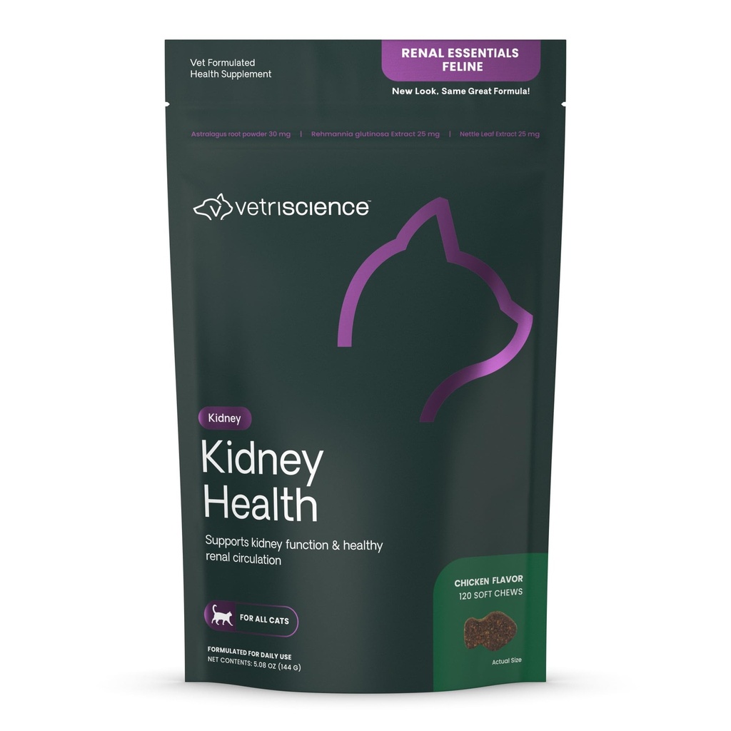VetriScience Niergezondheid Kauwen, Renale Essentials Supplement voor Katten, Nierzorg en Ondersteuning met Paddestoel, Astragalus Root, Brandnetelzaad en Kruiden, Kip, 120 Tellen