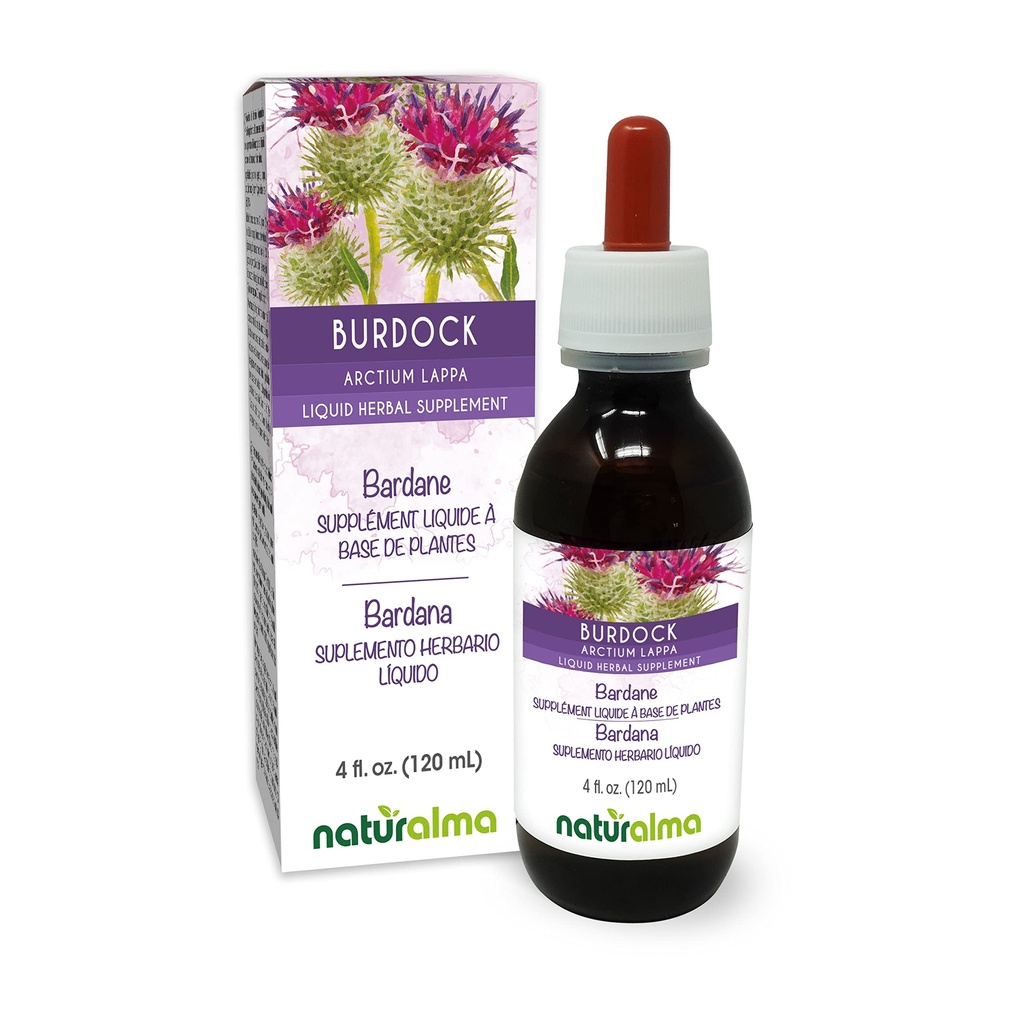 Naturalma Burdock (Arctium lappa) Racine et herbe Teinture sans alcool - 4 fl oz Extrait liquide dans les gouttes - Supplément à base de plantes - Vegan