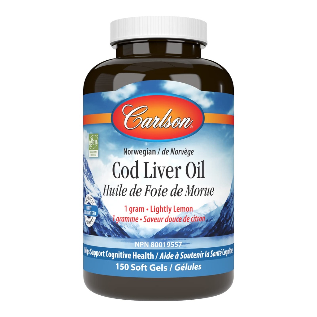 Carlson - Huile de foie de morue Gems, 460 mg Omega-3s + Vitamines A & D3, Huile norvégienne de l'Arctique de morue, Capsules d'huile de poisson nordique d'origine durable, Citron, 150 gels doux