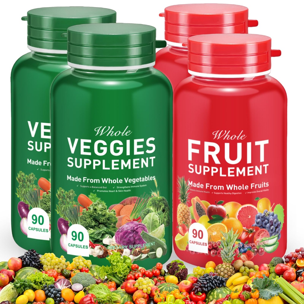 Fruit and Vegetables Capsules - 100% Whole Natural Fruits and Veggies Supplements - 4-pack (90 capsules each)
