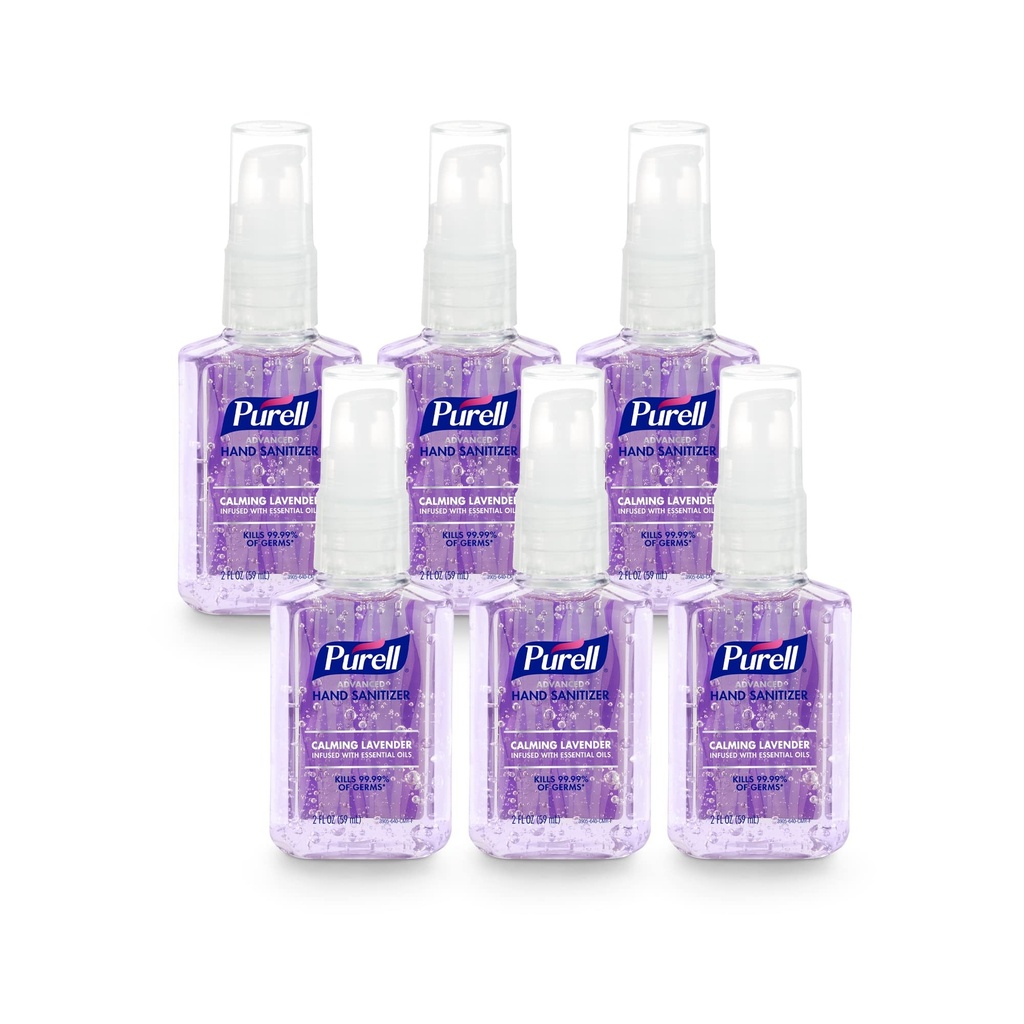 Purell Advanced Hand Sanitizer Gel Infunded with Essential Oils, Calming Lavender, 2 fl oz Travel-Size Pump Bottle (pack of 6), 3905-04-EC