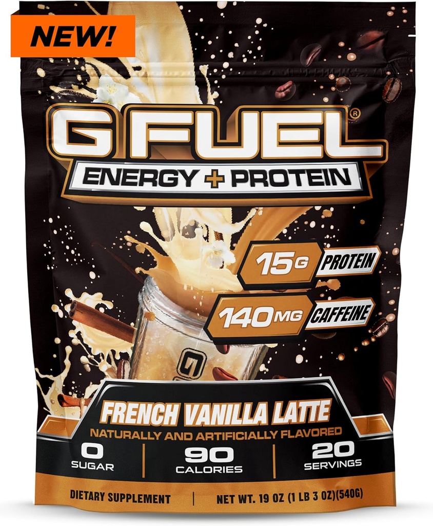 G Fuel Protein + Energy Drink Powder, Pre Workout Cafeine Mix voor Gaming, Suikervrije Focus Amino, Vitamine + Antioxidanten, 19oz (Franse Vanilla Latte, 20 Servers)
