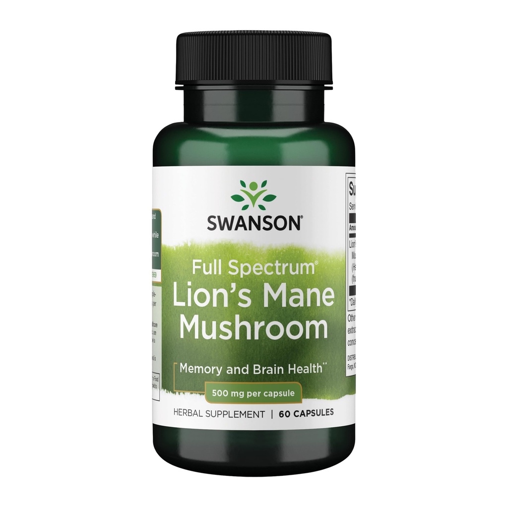 Swanson Lion's Mane Mushroom Brain Health Supplement for Professionals Seeking Mental Focus, Memory, and Clarity Support - 500 mg (60 Vegan Capsules, 4 Bottles)