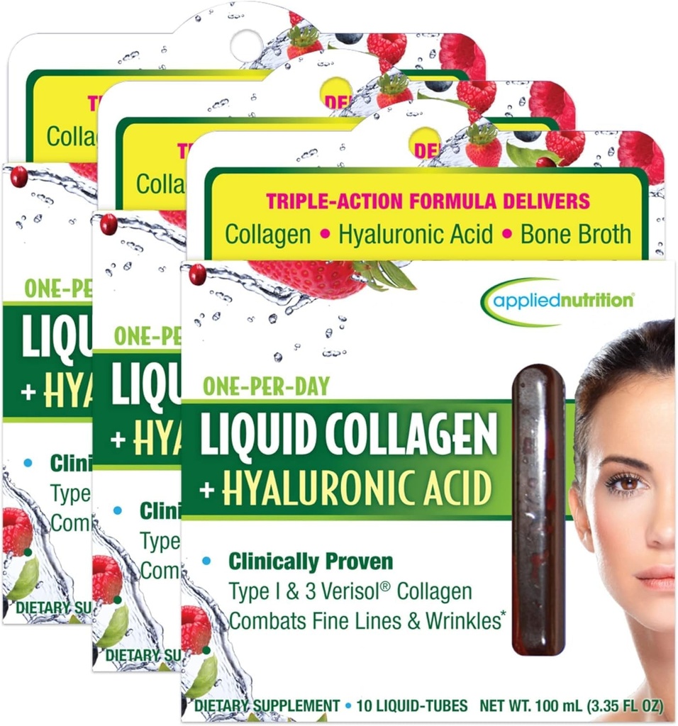 Toegepaste Voeding Liquid Collageen + Hyaluronzuur - 10 Liquid Tubes, Pack of 3 - Huid & Nagel Restauratie - Gemengde Berry Flavor - 30 Servers