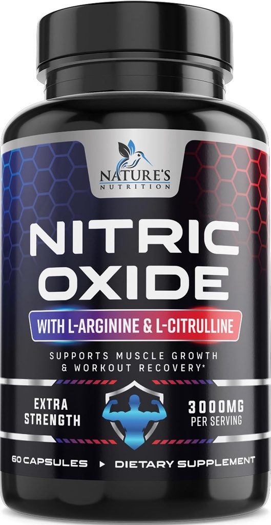 Nitric Oxide Booster Extra Strength 3000mg - 3X Strength L-Arginine & Citrulline, Beste Nitric Oxide Supplementen voor Mannen, Ondersteunt Spier, Hart Gezondheid, Energie Supplement, Gebotteld in de VS, 60 Capsules