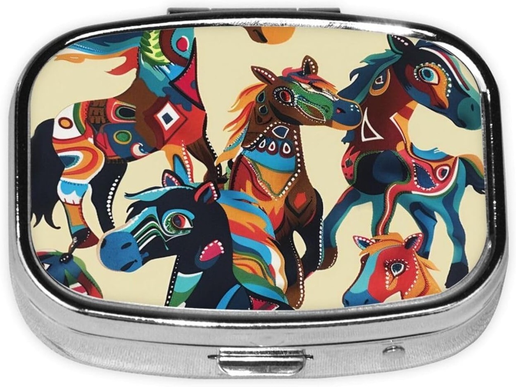 Kleurrijke cartoon Horse Printed Square Pill Organizer met 2 afdelingen, Portable Mini Pill Box pils geval voor geneeskunde, vitamine, visolie, supplementen