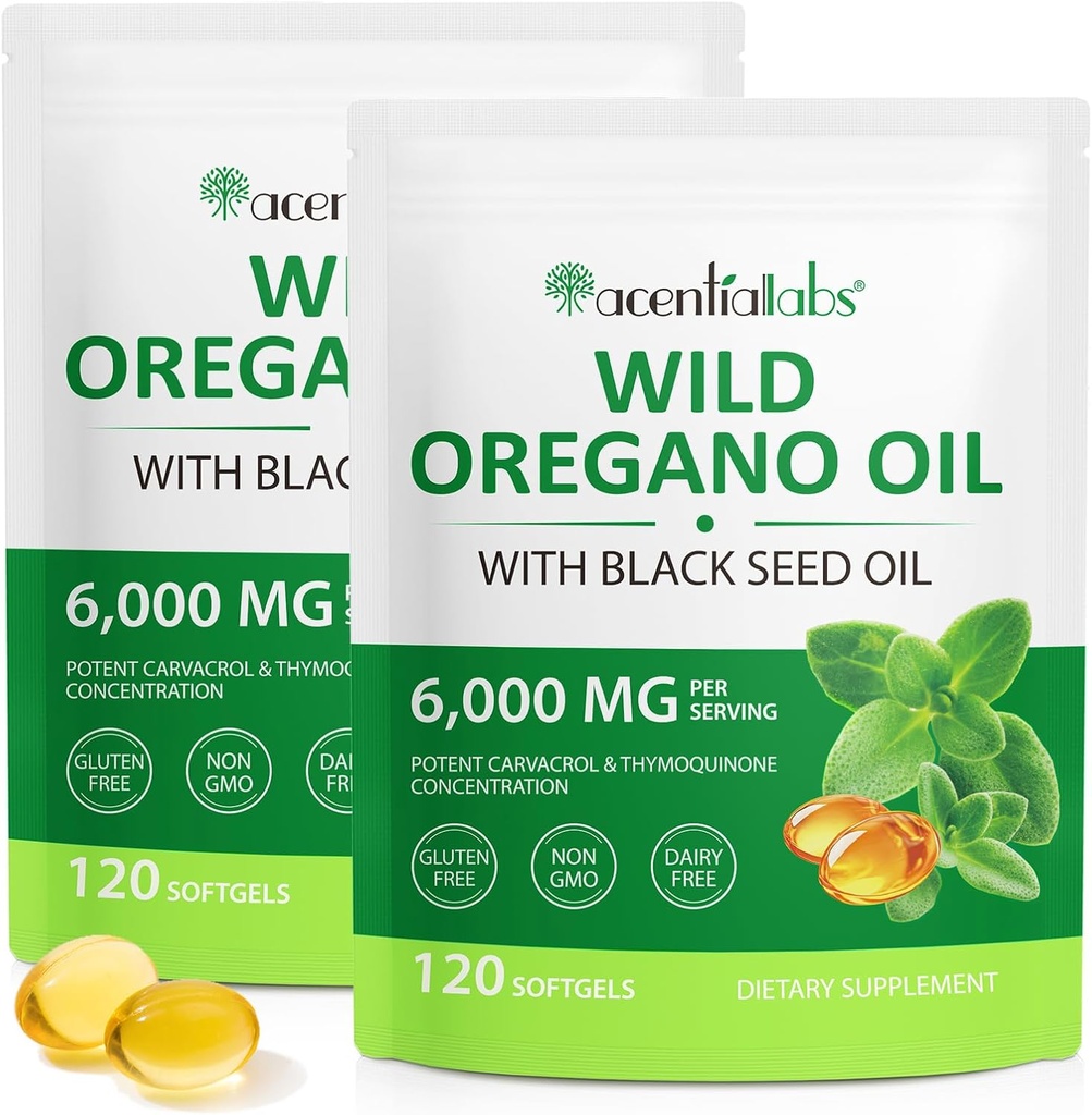 Olie van Oregano Softgels 6000mg 2 Pack, 2 in 1 Formulated with Black Seed Oil 120 Count, Oregano Oil Capsules Biologische, Glutenvrije Olie van Oregano Softgels, Non-GMO & Immune Ondersteuning