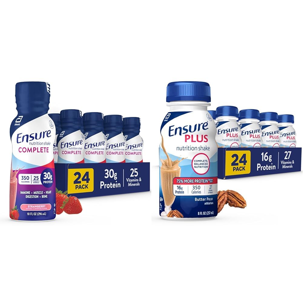 Zorg voor een complete voedingshake, 30 gram eiwit, Maaltijdvervangingsshake, met voedingsstoffen voor de gezondheid van de immuun, aardbei, 10 Fl Oz & Plus Butter Pecan Nutrition Shake, Maaltijd Vervangingsshake, 24 Pack