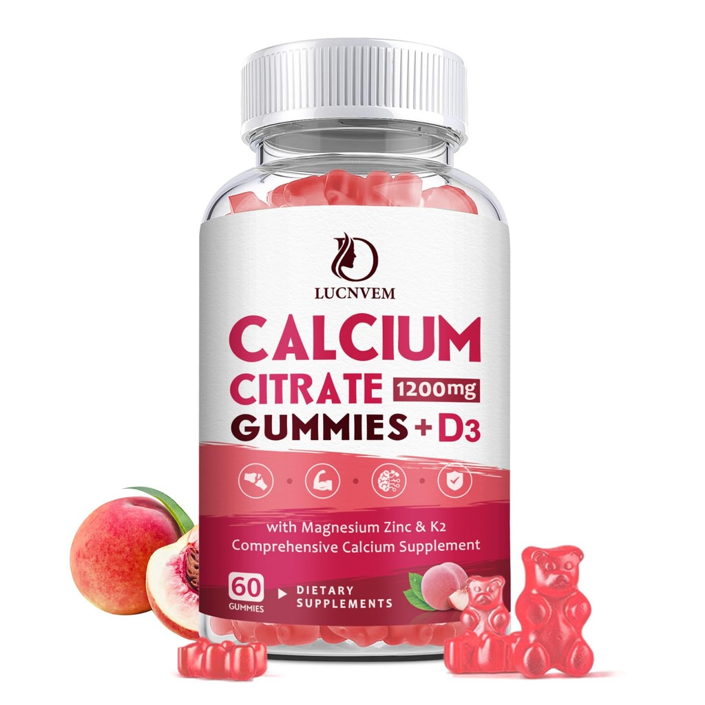 Calcium Citrate 1200mg avec vitamine D3 Gummies, Calcium Gummies avec vitamine D3 pour les femmes et les hommes, Cal Magnésium Zinc pour les muscles osseux Healthy- Natural White Peach Flavor- 30 jours d'approvisionnement