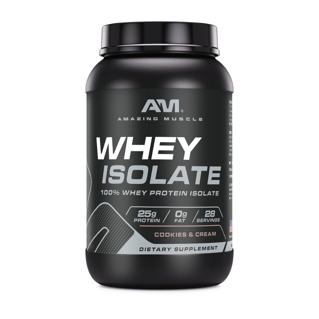 Amazing Muscle Whey Protéine Isolate Poudre de 25 Grams Protéines par Servant de 100% Whey Isolate de Zéro Graisse Fabriquée aux États-Unis (2 Lb, Cookies & Crème)