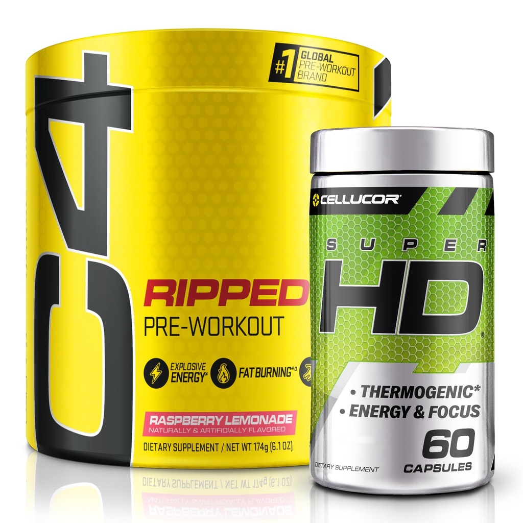 C4 Ripped & SuperHD, The Thermogenic Bundle, C4 Ripped Pre Workout Powder, Raspberry Lemonade 30 Serves + SuperHD met Capsimax en Green Tea Extract, 60 Servers