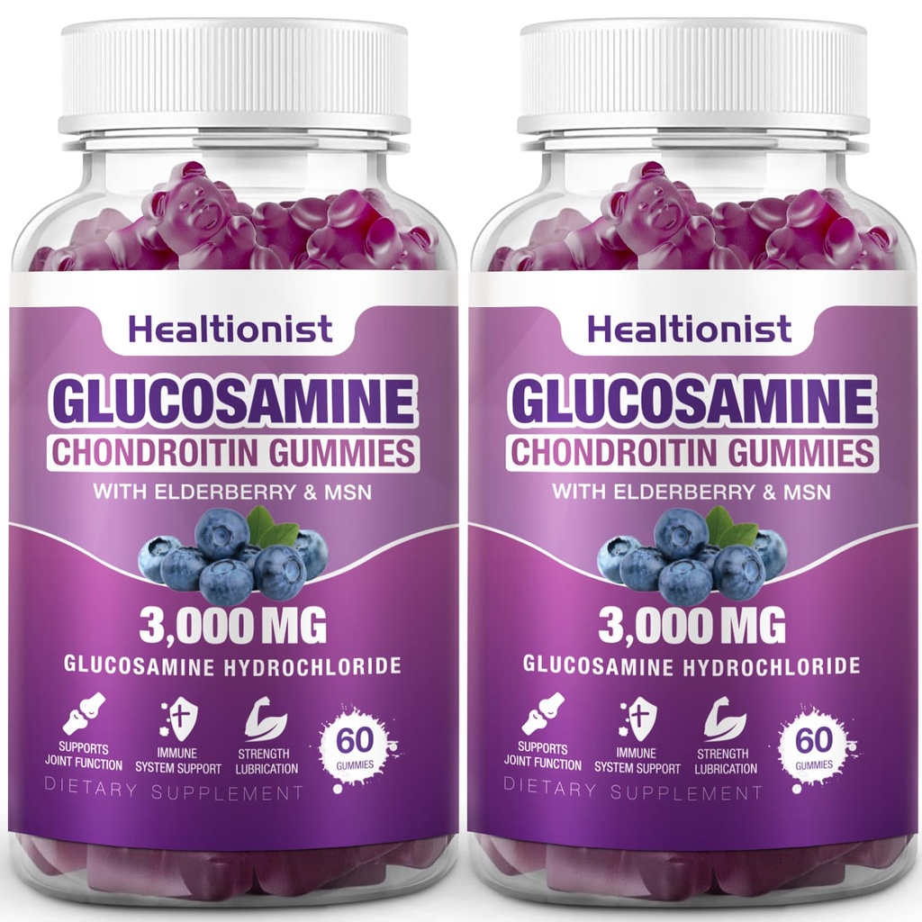 2 Packs 3000mg Glucosamine Chondroitin Gummies met MSM & Vlierbes - Extra sterkte Joint Health, Flexibiliteit, Antioxidant Immuun Ondersteuning Supplement Gummy voor volwassenen, mannen & vrouwen 120 Cts