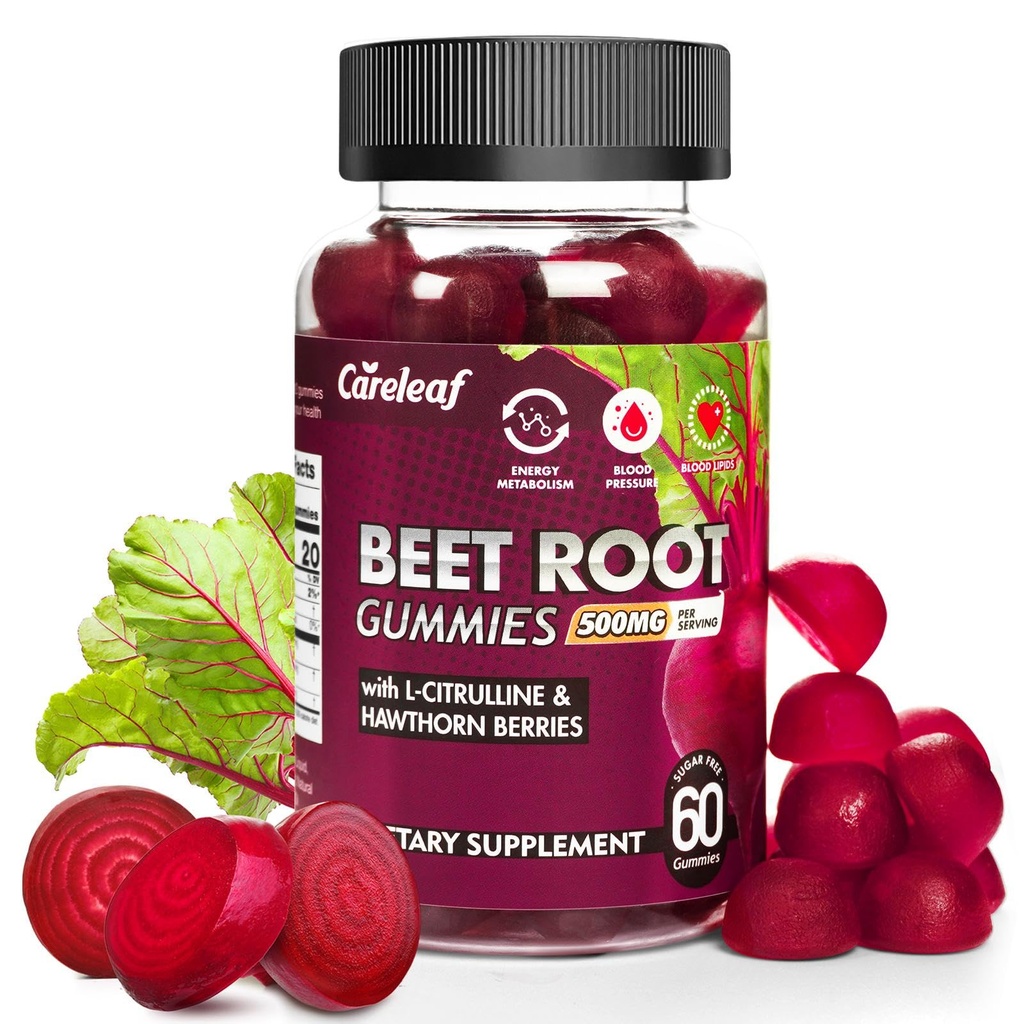 Suikervrije Vegan Beet Root Gummies voor de Bloeddruk, Rode bieten Gummies met L-Citrulline en Hawthorn Extract, Perzik Smaak Beet Kauwen voor hoge bloeddruk, 60 Tellen