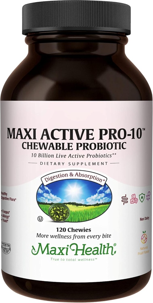 Maxi Health Active Pro-10 Kids Probiotic Chewables – 15 souches pour la santé digestive et immunitaire – 10 milliards de mélange probiotique- sans lait, casher – soutient la santé de Gut, végétarien – 60 ct (stable)