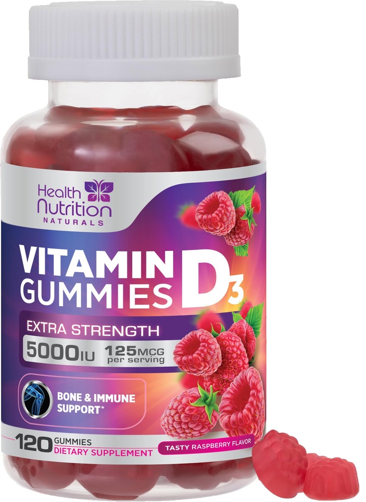 Vitamine D3 Gommies 5000 UI (125 mcg) - Soutien triple force osseuse et immunitaire, supplément alimentaire de vitamine D Gommy, supplément de vitamine D au Berry de la nature, aromatisé aux framboises, non-OGM - 120 Gommies